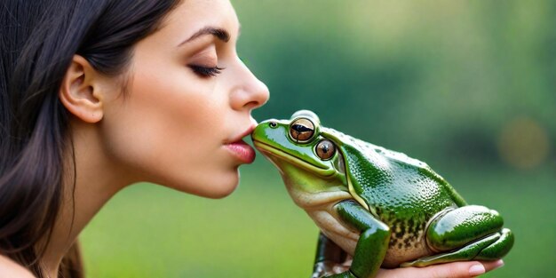 Photo a woman kisses a frog with a frog on her cheek