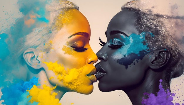 A woman kissing a black woman with a yellow and blue face paint.