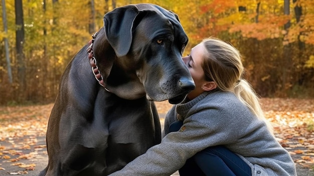 巨大な犬にキスする女性。