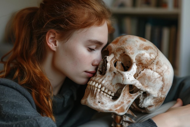 Woman Kissing Human Skull in Front of Bookshelf