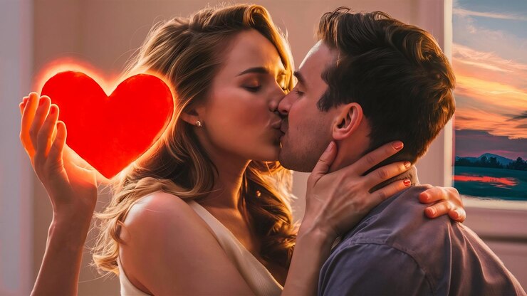 Photo woman kissing man while showing red heart
