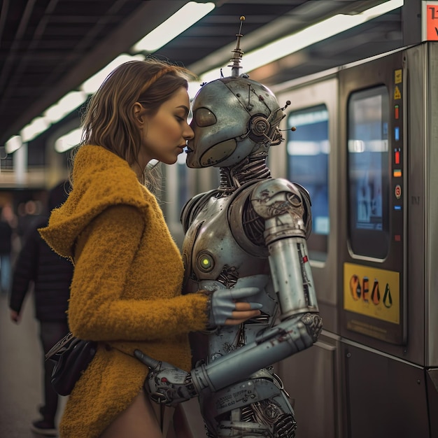 Photo a woman kissing a robot on a train