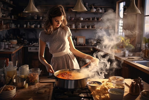 a woman in the kitchen cooking in the style of melting pots