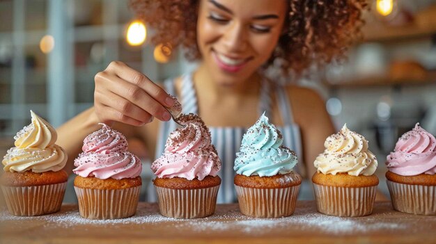 Photo woman at kitchen counter frosting cupcakes