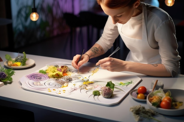 Foto una donna in cucina viene mostrata mentre taglia le verdure su un tagliere di legno stilista alimentare moderno che decora il pasto per la presentazione nel ristorante generato dall'intelligenza artificiale