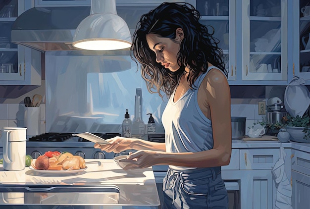 a woman in the kitchen in the style of light indigo and black