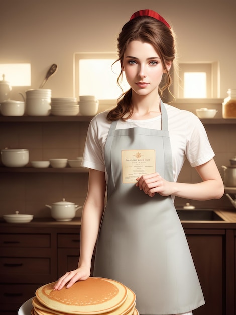 A woman in a kitchen wearing an apron with a flower on it