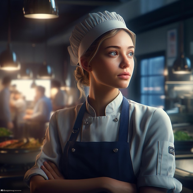 A woman in a kitchen wearing a chef's hat