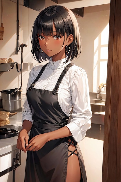A woman in a kitchen with a apron