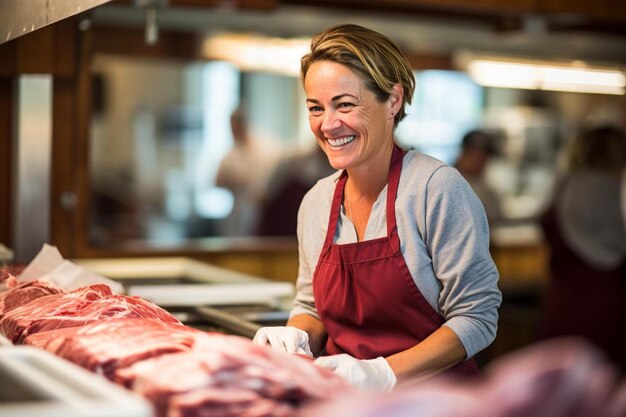 Photo a woman in a kitchen with a red apron that says  smile