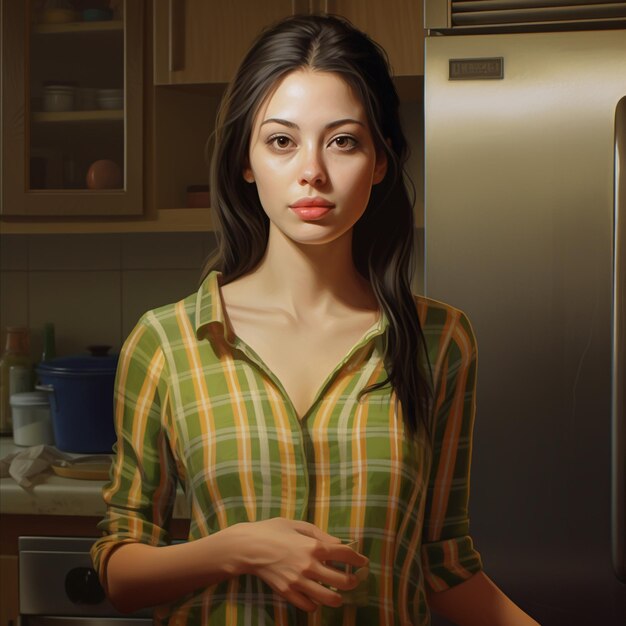 A woman in a kitchen with a refrigerator in the background.