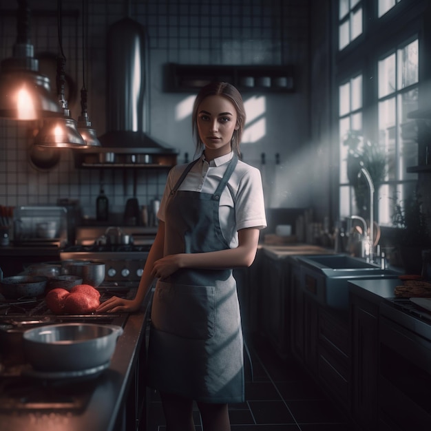 A woman in a kitchen with a white apron on.