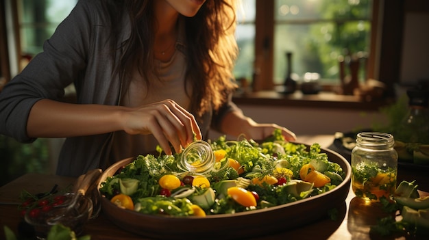 キッチンの女性 健康的な野菜とサラダを持つ女性