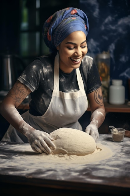 パン作り用の面粉を混ぜる女性 生成的人工知能