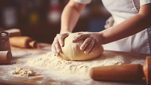 A woman kneading a dough on a table