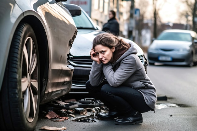 A woman kneeling down next to a car on the side of the road