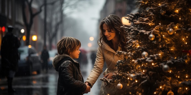 A woman kneeling down next to a little boy near a christmas tree