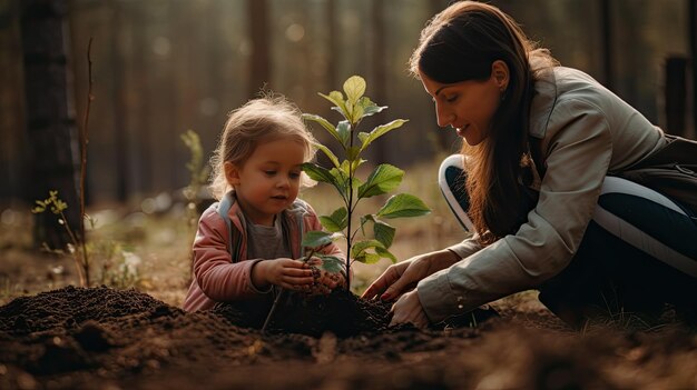 Photo woman kneeling down next to little girl father day