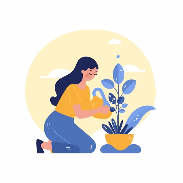 Photo a woman kneeling down and watering a plant with a yellow background generative ai