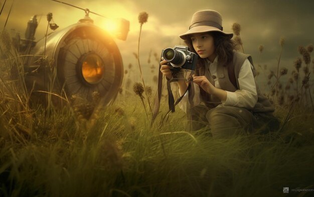 Woman Kneeling in Field With Camera