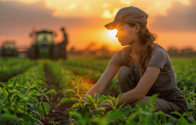 Woman Kneeling in Field With Tractor in Background