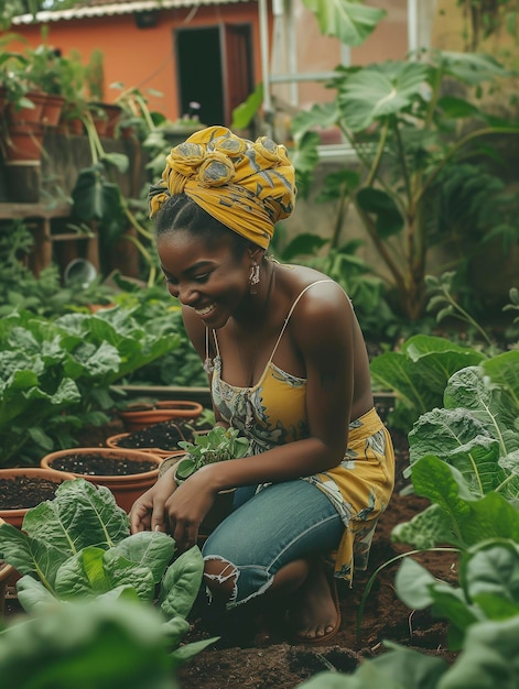 Woman kneeling in a garden with plants and smiling