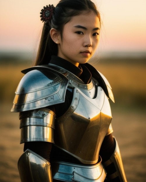 a woman in a knight armor with a sun setting behind her