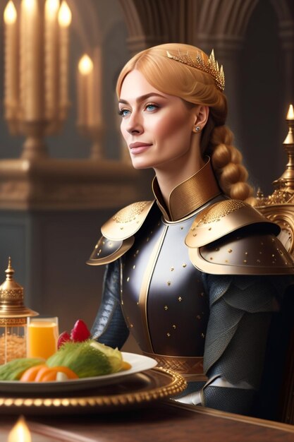 A woman in a knight costume with a plate of food and a plate of fruit