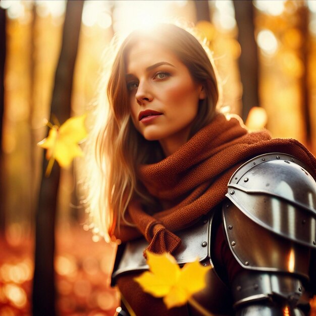 Photo a woman in a knight's armor with a scarf on her neck and the word i'm a hero on the right