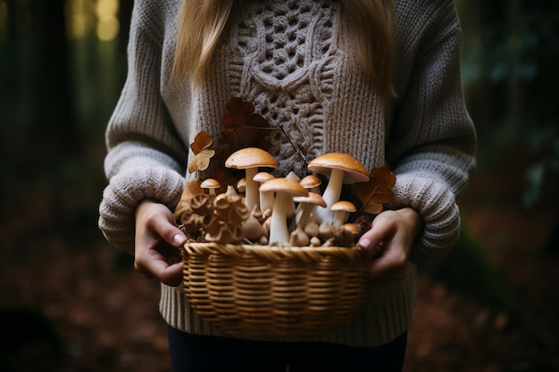 Photo woman in a knitted brown sweater holding a basket