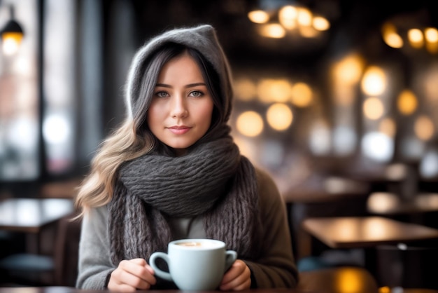 Woman in knitted hat wearing scarf drinks coffee in cozy cafeFashion glamour art