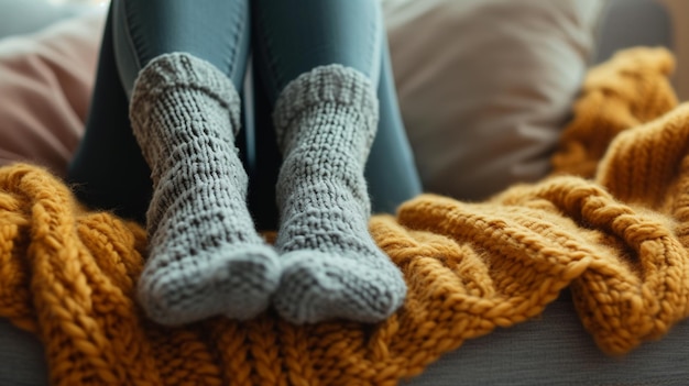 Photo woman in knitted socks sitting on sofa in room