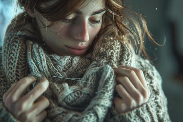 複雑なケーブルで快適なセーターを編む女性