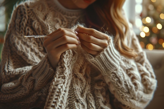 Woman knitting a cozy sweater with intricate cable