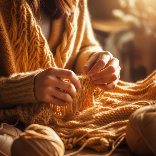 Woman knitting with yarn on wooden table ai