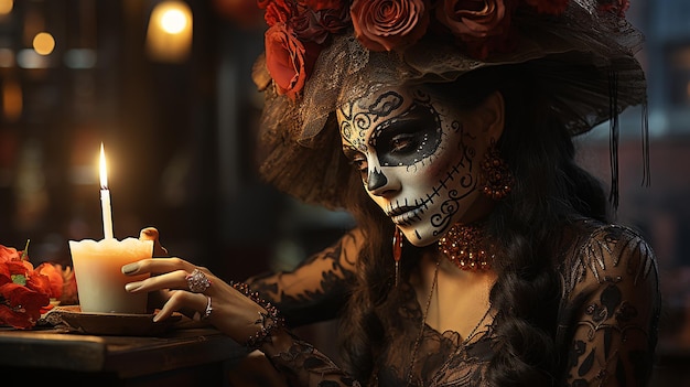 라 칼라베라 카트리나 의상을 입은 여성과 담배를 피우는 두개골