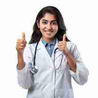 Photo a woman in a lab coat giving a thumbs up sign