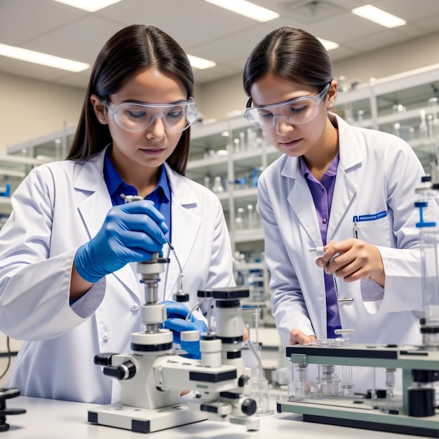 a woman in a lab coat and goggles is working on a microscope