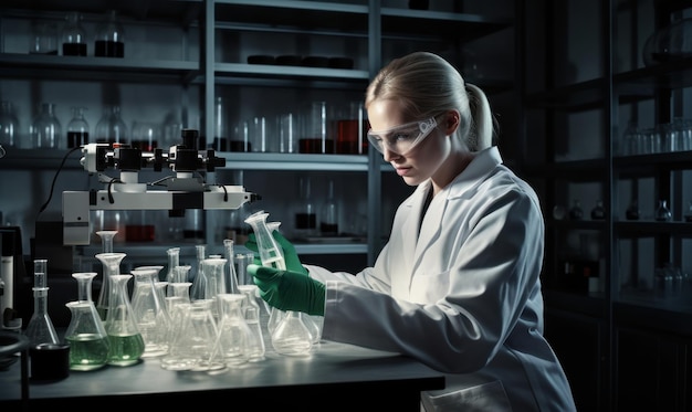 A woman in a lab coat and goggles works in a laboratory.