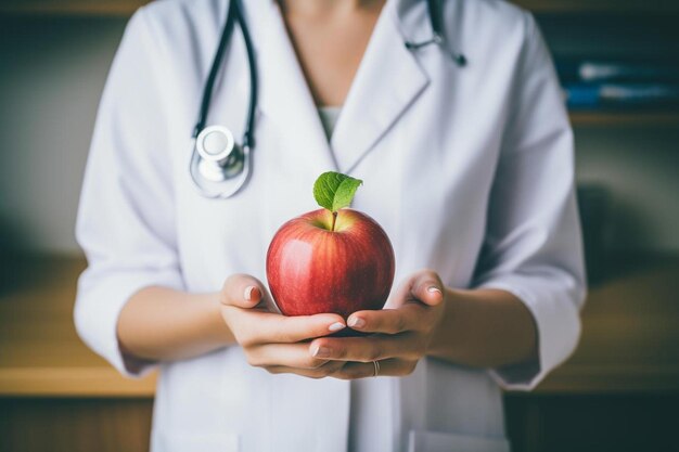 a woman in a lab coat holding an apple