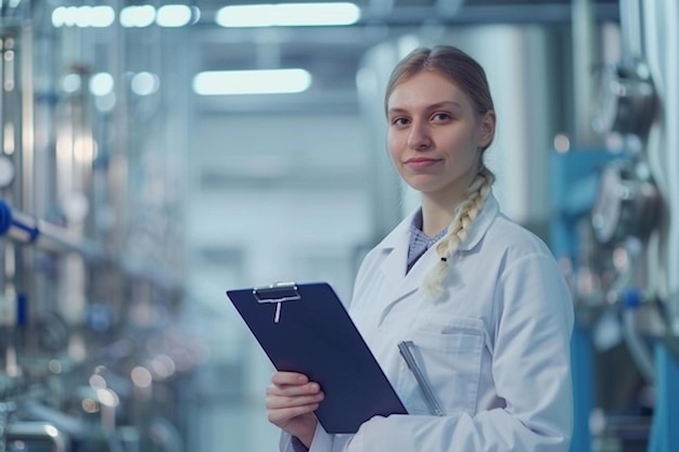 женщина в лабораторном пальто, держащая бумажную бумагу