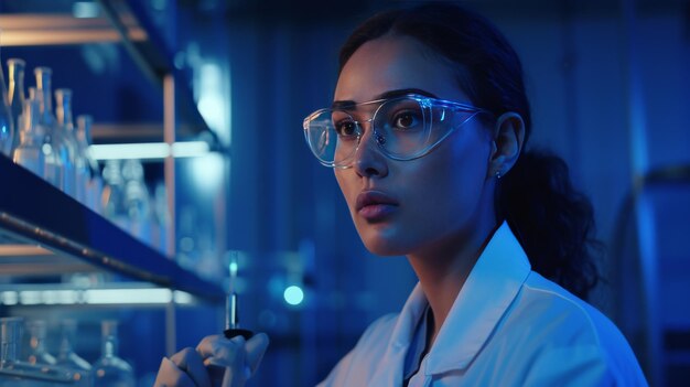 Photo woman in lab coat holding pipe conducting experiment in laboratory women day