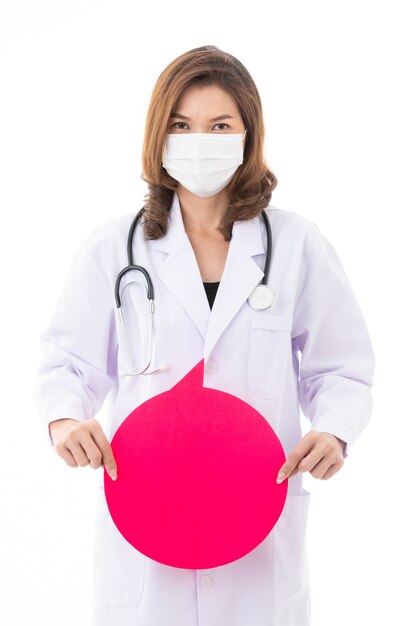 Woman in lab coat holding speech bubble