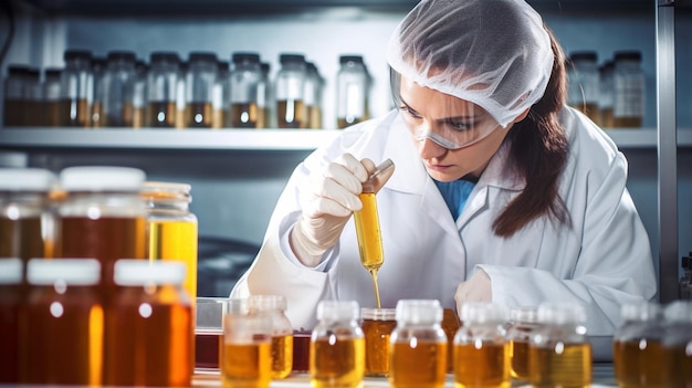 A woman in a lab coat is filling a jar with honey.