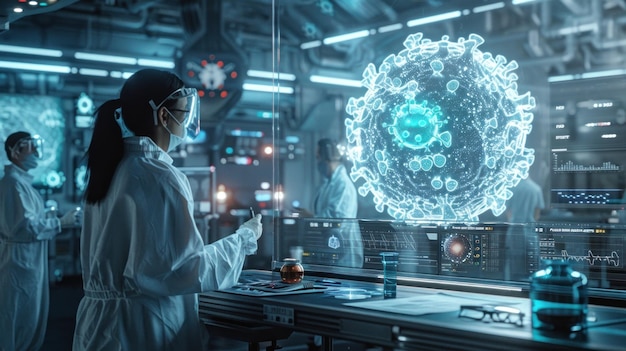 A woman in a lab coat is looking at a computer screen with a virus on it She is wearing a mask and g