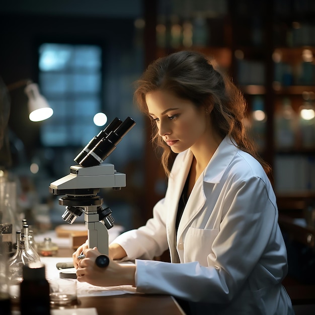 A woman in a lab coat is looking at a microscope