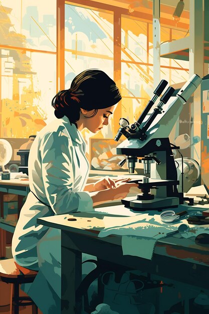 a woman in a lab coat is looking at a microscope