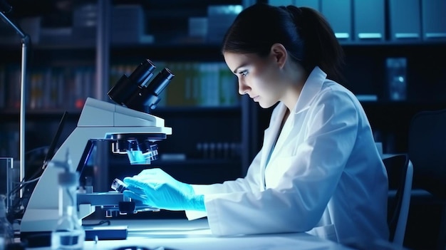 a woman in a lab coat is looking through a microscope