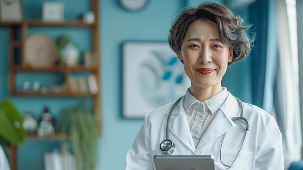 a woman in a lab coat is smiling with a digital tablet