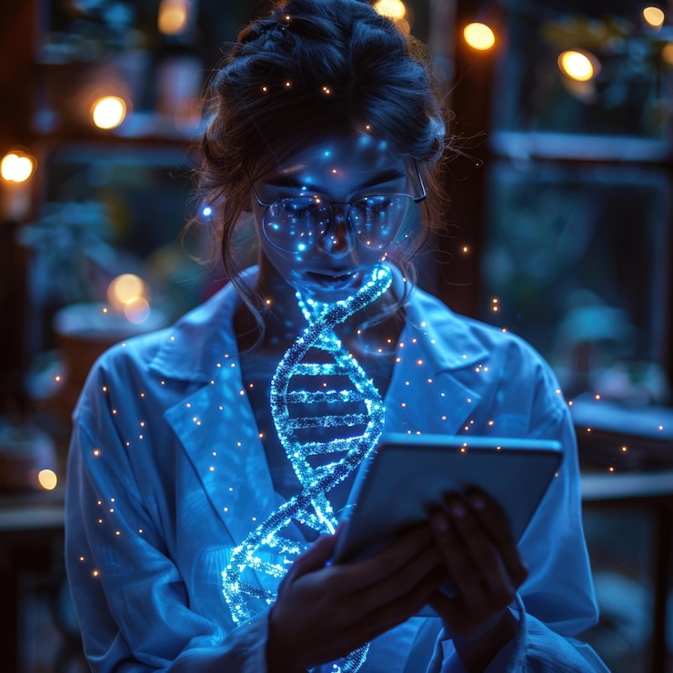 फोटो a woman in a lab coat is using a tablet with a blue led light